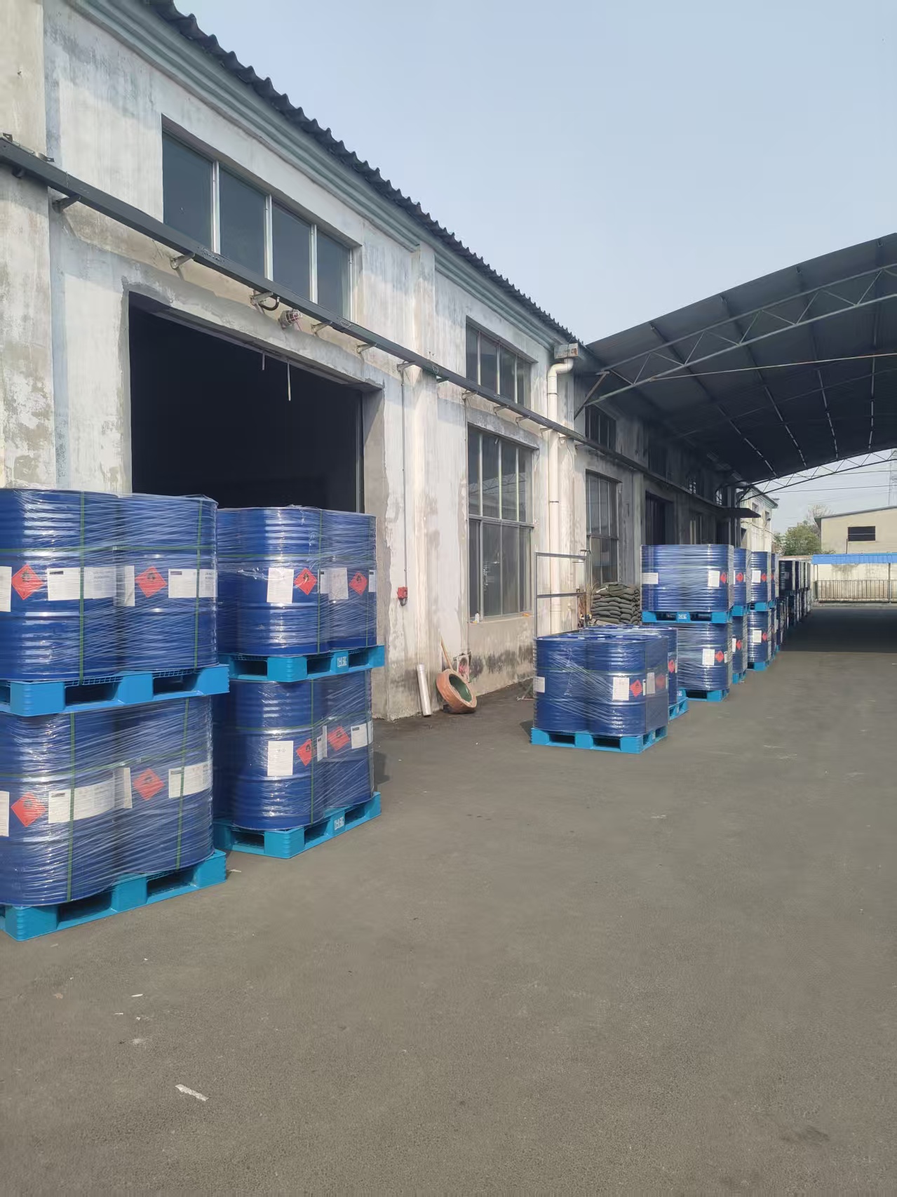 Acetonitrile export drums in warehouse